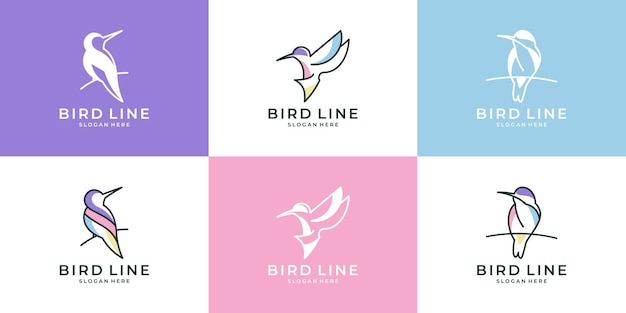 ライン アート スタイルのロゴ デザイン コレクションとかわいい鳥のセット プレミアムベクター