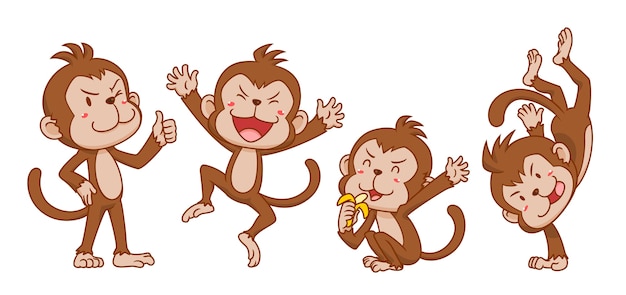 かわいい漫画の猿の異なるポーズのセット プレミアムベクター