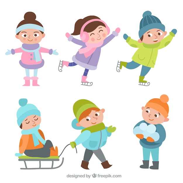 Set of cute children practising winter\
sports