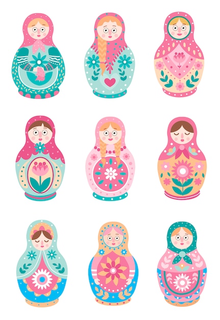 かわいいカラフルなロシアの伝統的な入れ子人形のセット プレミアムベクター