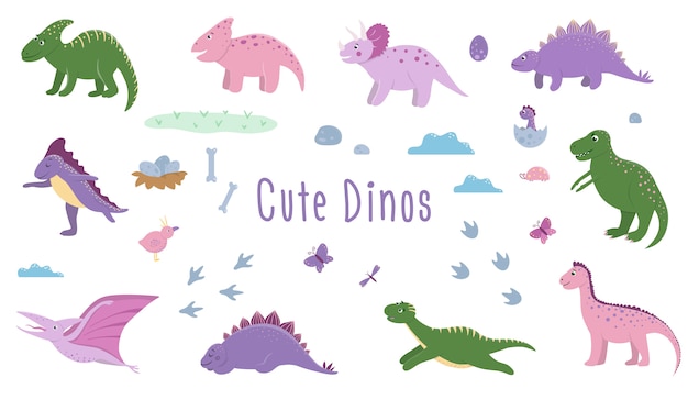 子供のための雲 卵 骨 鳥とかわいい恐竜のセット 恐竜のフラットの漫画のキャラクター かわいい先史時代の爬虫類のイラスト プレミアムベクター