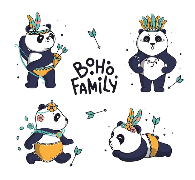 かわいい家族のパンダのセットです 動物漫画のキャラクターは歴史を示しています ボヘミアンコレクションはレタリング 自由奔放に生きる家族の白い背景の上で家族の顔のプリント ステッカーなどに適しています プレミアムベクター