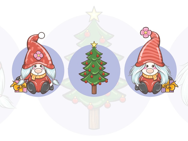 ギフトボックスとクリスマスツリーを保持しているかわいいノームの女の子のセット クリスマスイラスト プレミアムベクター