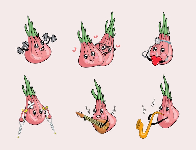 かわいい幸せな面白い赤玉ねぎキャラクターイラストのセット プレミアムベクター