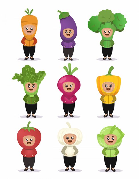 野菜の衣装のマスコットデザインイラストとかわいい子供たちのセット プレミアムベクター