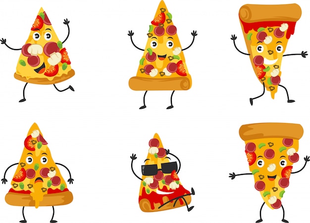 多くのポーズを持つかわいいピザのキャラクターのセット プレミアムベクター