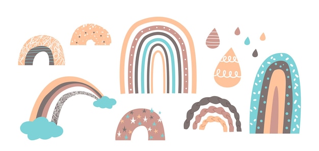 スカンジナビアスタイル 面白い赤ちゃんのプリント パターンまたは壁紙 のかわいい虹のセット パステルカラーの雨滴 雨の弓と白い背景で隔離の雲 漫画のベクトル図 アイコン プレミアムベクター