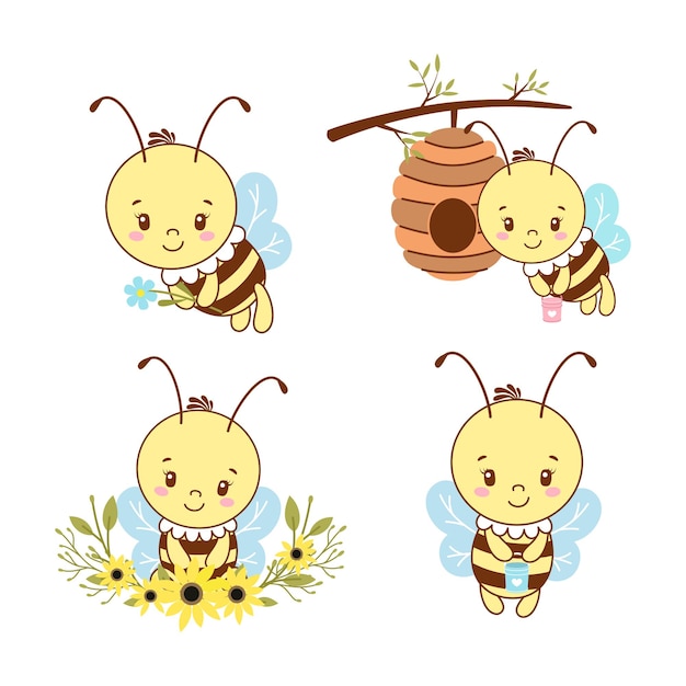 かわいい笑顔の蜂のイラストのセット プレミアムベクター
