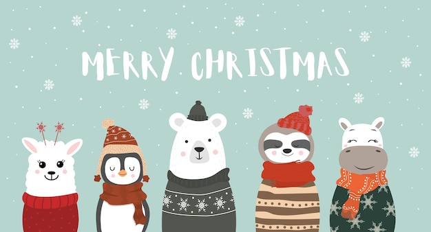 雪片とかわいい冬の笑顔の動物のセットです メリークリスマス プレミアムベクター
