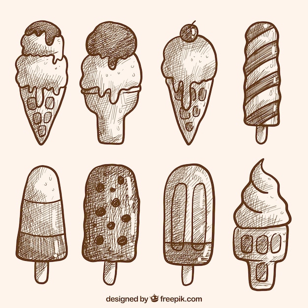 Set of delicious hand-drawn ice creams