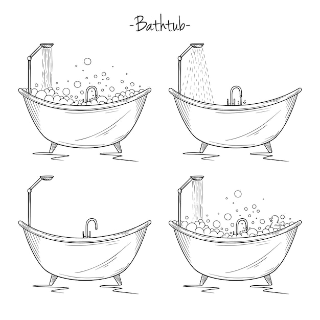 泡 シャワー アヒルの異なるお風呂のセット イラストをスケッチします プレミアムベクター