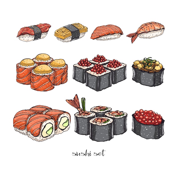 さまざまな種類のおいしいロールパンと寿司のセット 手描きイラスト プレミアムベクター