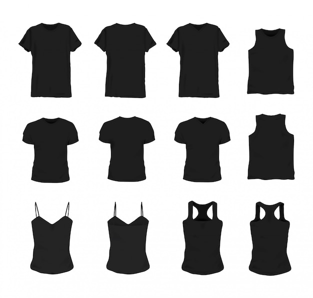 男性と女性のための異なる現実的な黒のtシャツのセット 正面図と背面図 ノースリーブ 半袖 一重項 タンクトップのシャツ イラスト集 プレミアムベクター