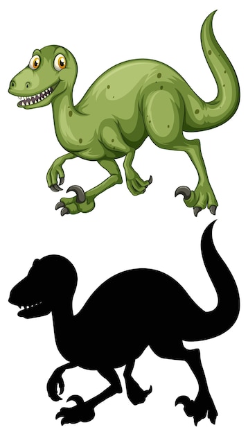 恐竜の漫画のキャラクターと白い背景の上のシルエットのセット 無料のベクター
