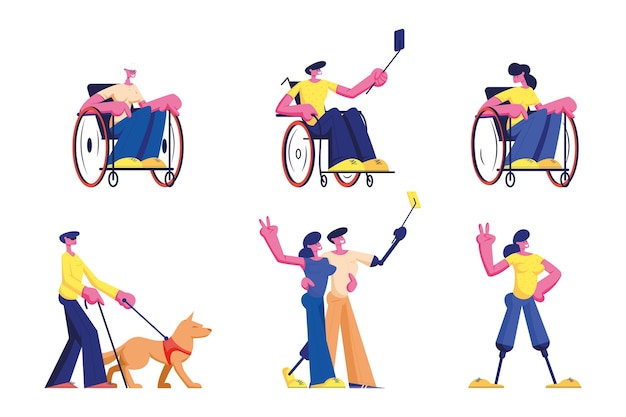 障害者のライフスタイルのセット 男性と女性の障害者キャラクター車椅子に乗る老若男女 漫画イラスト プレミアムベクター