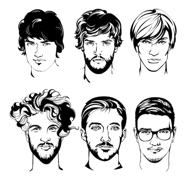 白い背景の異なる髪型イラストを持つ男性を描くのセットです 眼鏡 ひげ 口ひげを持つ男 人のシルエット プレミアムベクター