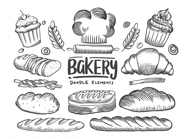 図面ベーカリーテーマのセットです ケーキ パイ パン ペストリーのコレクション パン屋さん 黒と白のスケッチ図 プレミアムベクター