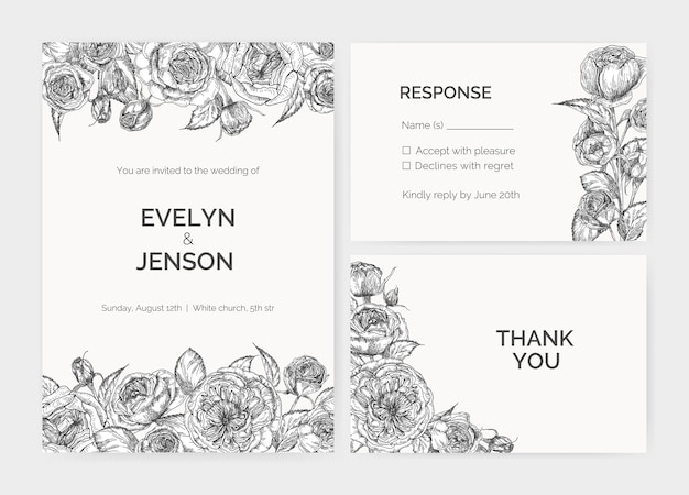 エレガントな結婚式の招待状 応答カード 白い背景の上の輪郭線で手描きオースティンバラの花で飾られたお礼状テンプレートのセット ロマンチックなイラスト プレミアムベクター