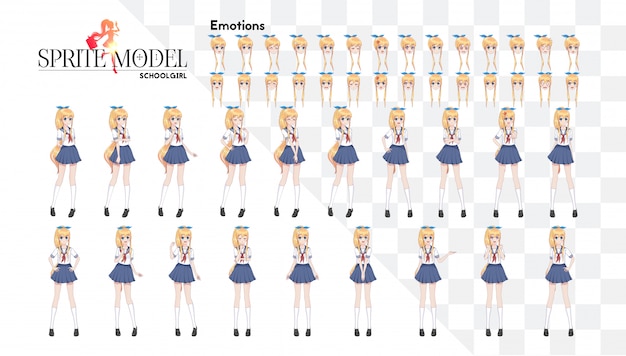 一連の感情 ゲームのビジュアルノベルのスプライト全長キャラクター アニメ漫画の女の子 和風の漫画のキャラクター セーラー服の少女 青いスカート プレミアムベクター