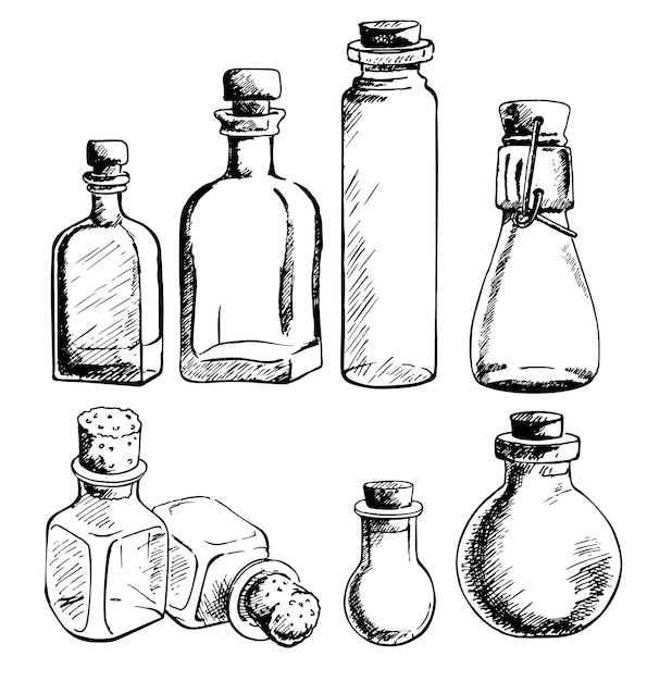 空のガラス瓶とさまざまな形のボトルのセット 手描きイラスト プレミアムベクター