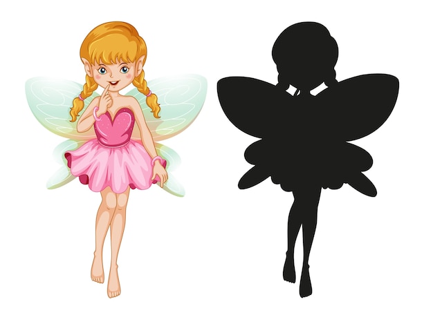 妖精のキャラクターと白い背景のシルエットのセット 無料のベクター