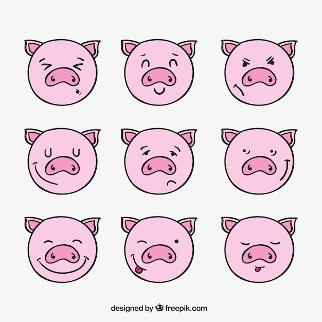 幻想的な豚の顔文字のセット プレミアムベクター