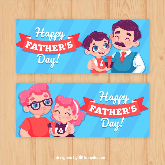 Set of father\'s day banners with family in flat\
style