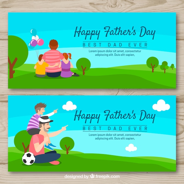 Set of father\'s day banners with family in the\
field