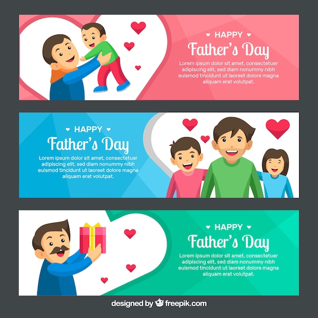 Set of father's day banners with happy family
in flat style