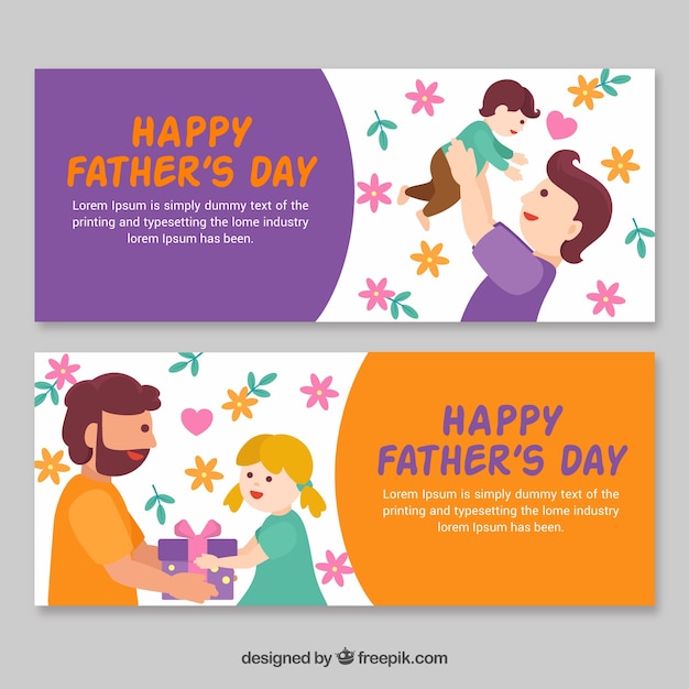 Set of father\'s day banners with happy\
family