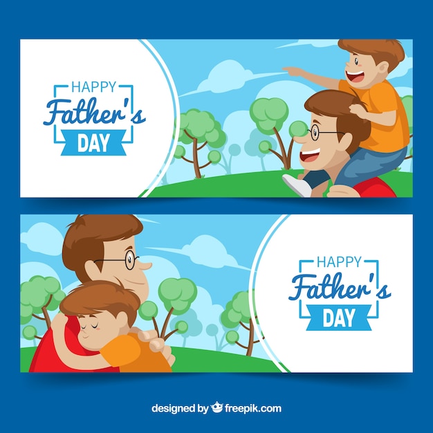 Set of father\'s day banners with happy\
family