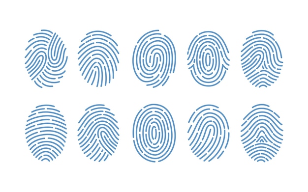 白い背景で隔離のさまざまな種類の指紋のセットです。人間の指の摩擦 