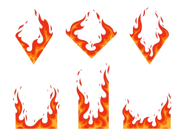 火のフレームのセット熱力熱エネルギー可燃性イラストを燃やすさまざまなデザインのダイヤモンドと長方形の形をした炎漫画フラット プレミアムベクター