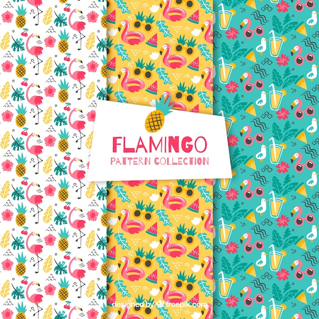 Set of flamingos patterns with beach
elements