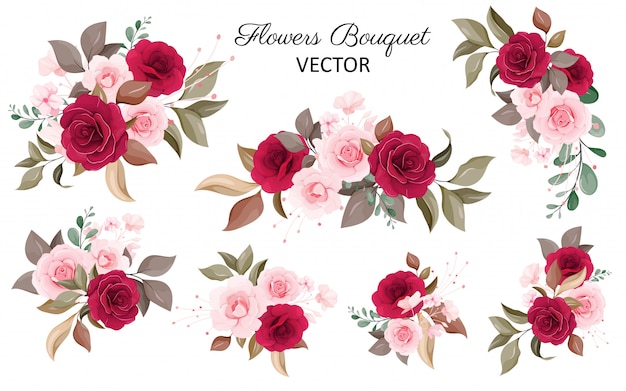 花の花束のセット 赤と桃のバラの花 葉 枝の花飾りイラスト プレミアムベクター