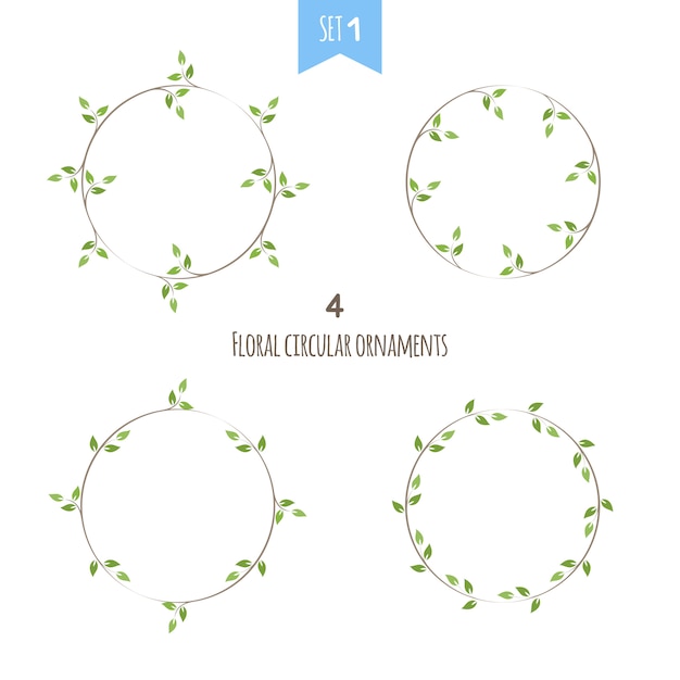 緑の葉と花の円形フレームのセット プレミアムベクター