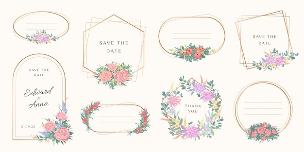 結婚式のモノグラムロゴとブランドロゴのデザインのための花のフレームのセット プレミアムベクター