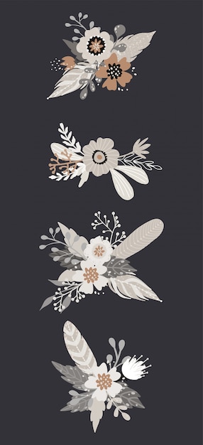 美しい花と羽の花のベクトルブーケのセット グリーティングカード 花の装飾 装飾的な花のデザイン要素のコレクション プレミアムベクター