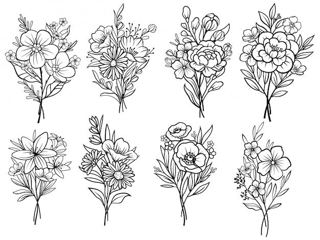 花の花束のセットです 花のいけばな 白い背景のイラスト プレミアムベクター