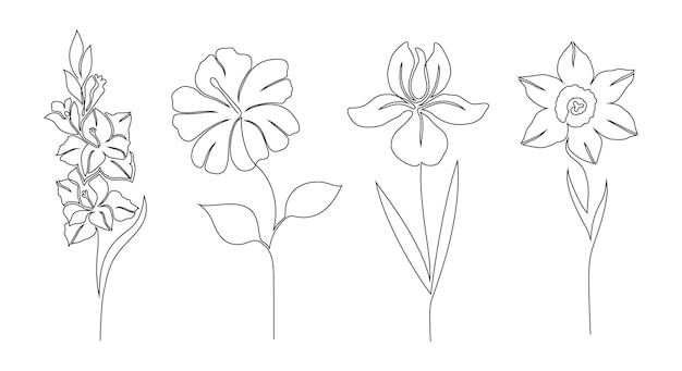 白い背景の花のセットです 1本の線画スタイル プレミアムベクター