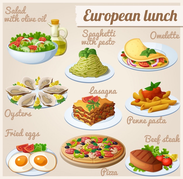 食べ物のセット ヨーロッパの昼食 プレミアムベクター