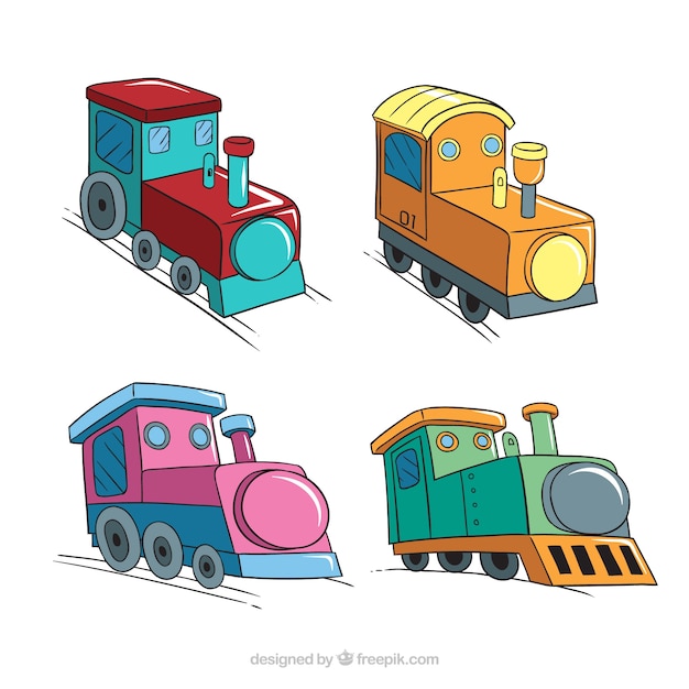 Set of four colored toy locomotives