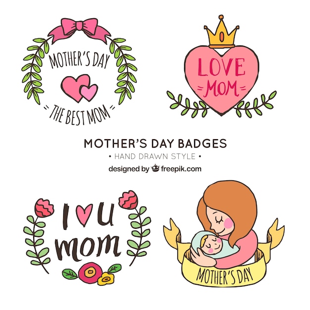 Download Set of four hand-drawn stickers for mother's day Vector ...