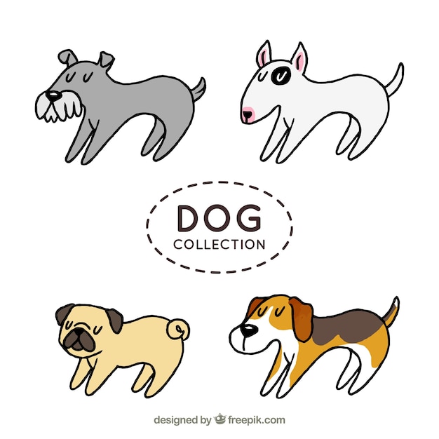 Set of four profile dogs in hand-drawn\
style