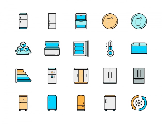 冷蔵庫フラットカラーラインアイコンのセット 温度計 冷凍庫 冷蔵庫 プレミアムベクター