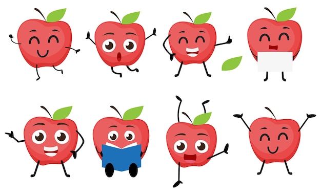 面白いリンゴ果実の漫画のキャラクターのセット プレミアムベクター