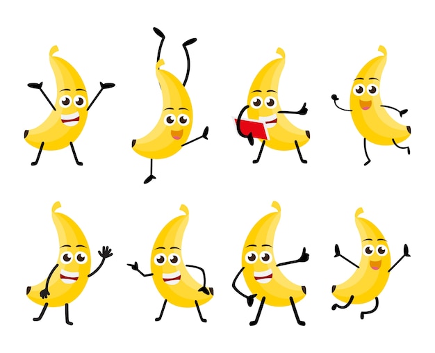 面白いバナナ果実の漫画のキャラクターのセット プレミアムベクター