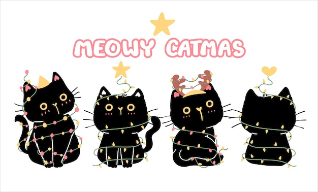 面白い黒猫メリークリスマスのセットnツリーの形に電球の文字列 かわいい動物キティ子猫 かわいい漫画のキャラクター 孤立したフラットイラスト プレミアムベクター