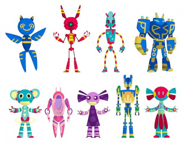 プレミアムベクター 面白い漫画のロボットの女の子と男の子のおもちゃのセットです かわいいレトロなロボット 子供のためのロボット フレンドリーな アンドロイドロボットのキャラクター