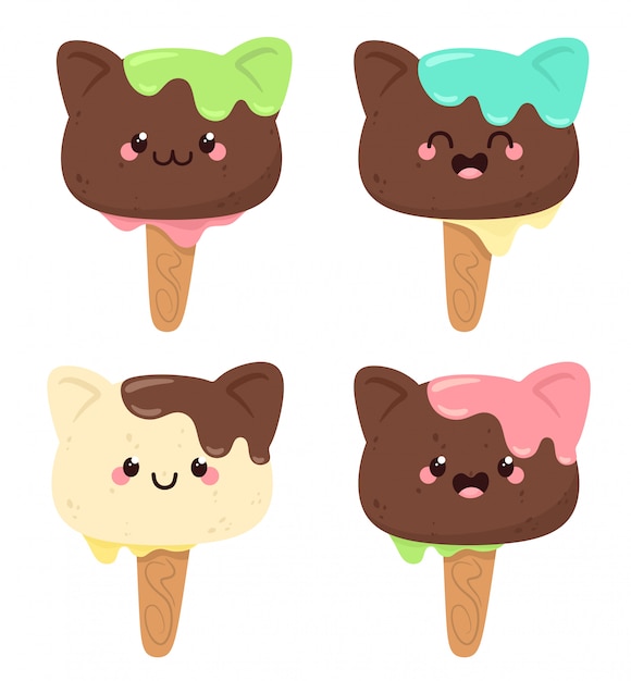 面白いアイスクリームのセットです アイスクリームのキティ 漫画のフラットスタイルで分離します プレミアムベクター